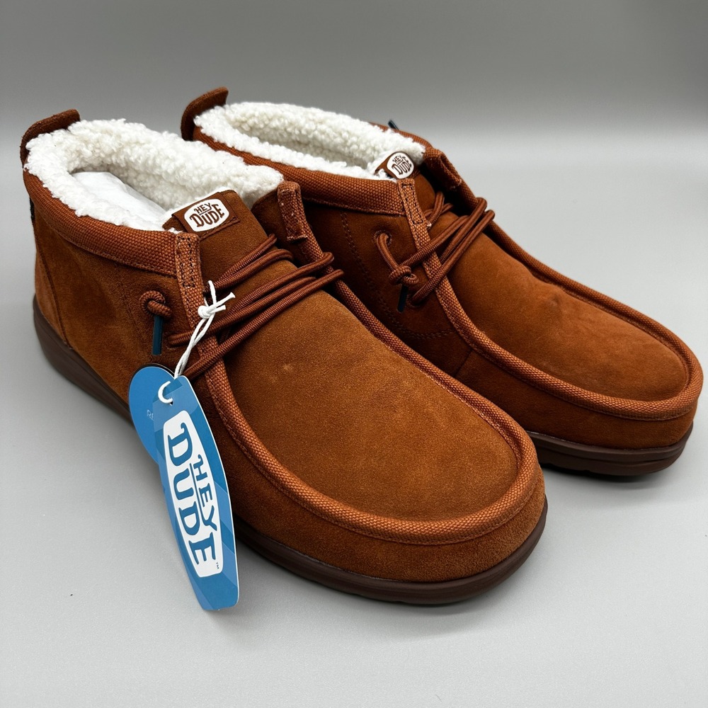 Hey Dude Wally Mid Gripr Warmth Shoes Mens 11 Brown Suede Faux Fur Lined NEW